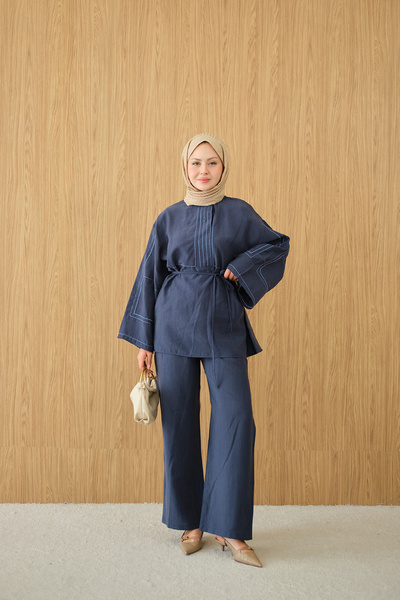 LOCCO Women's Embroidery Detailed Waist Tie Set Navy Blue