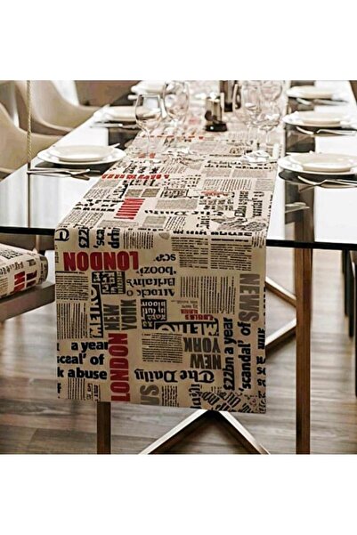 HOME ART ATELIER hand made London Gazete Baskılı Desenli keten 40x140cm Runner