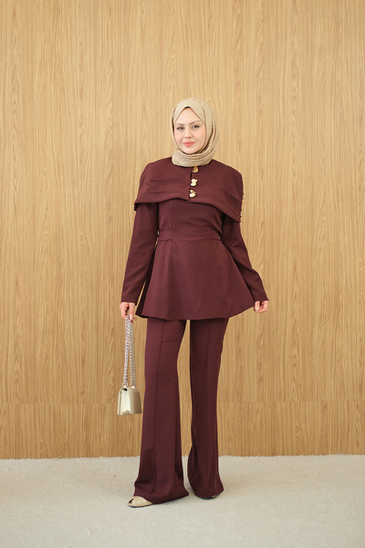 LOCCO Women's Detachable Bolero Gold Button Detail Suit Burgundy