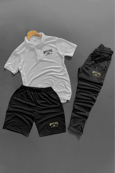 NOFLEN Polo Collar Monte Carlo Printed 3-Piece Shorts Tracksuit Set