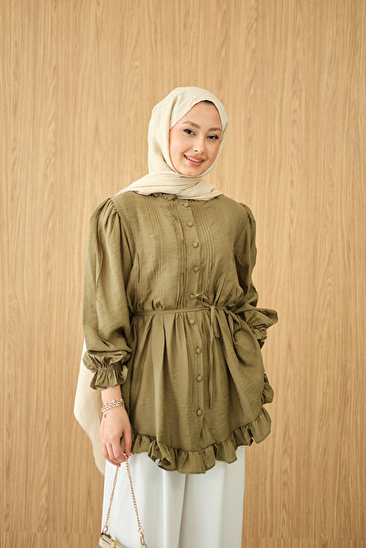 LOCCO Women's Ribbed Front Tie-Waist Shirt Green