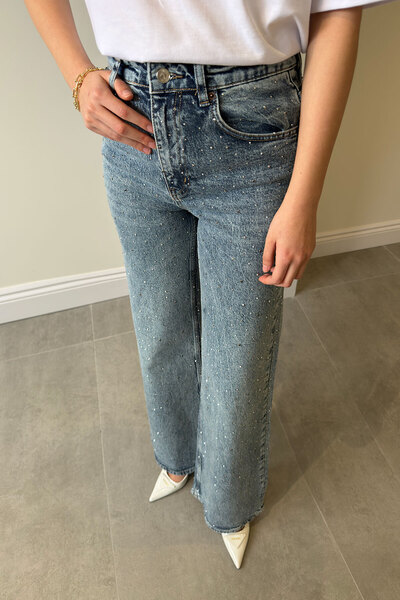 MAGARDE Wide Leg Flared Stone-Embellished Jeans - Blue