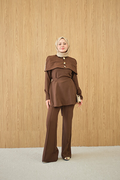 LOCCO Women's Detachable Bolero Gold Button Detail Suit Brown