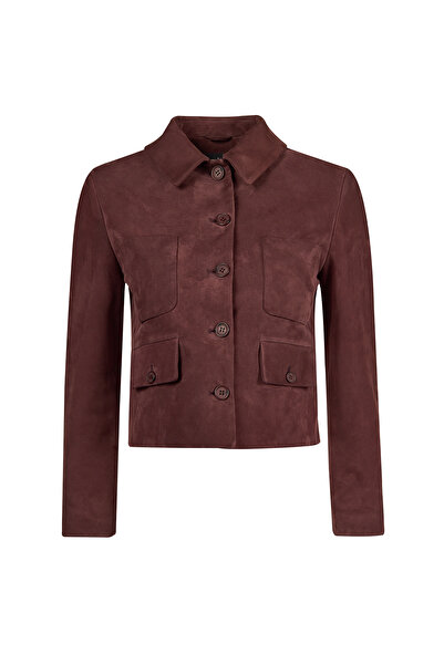 Derimod Cassandra Women's Burgundy Slim-Fit Suede Leather Jacket 26Sgd565010