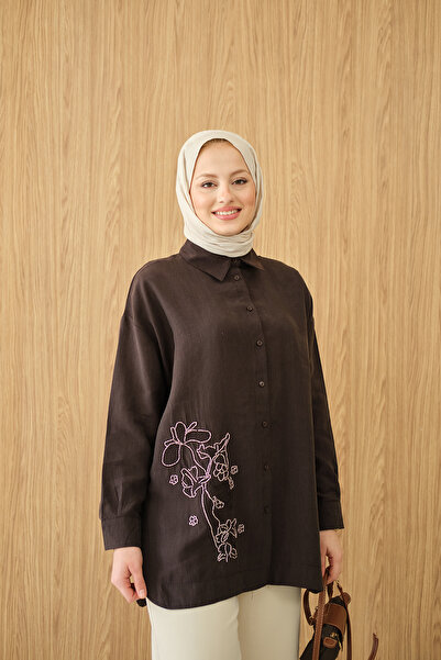 LOCCO Women's Bead Embroidery Detailed Shirt Brown