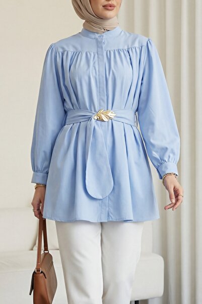 Modamorfo Hidden buttoned belted poplin tunic - baby blue