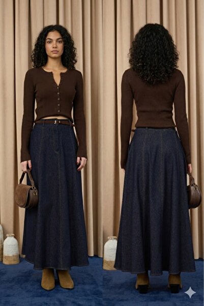 Soul Women's 8-Piece Stitched Detailed Design Belted Denim Skirt