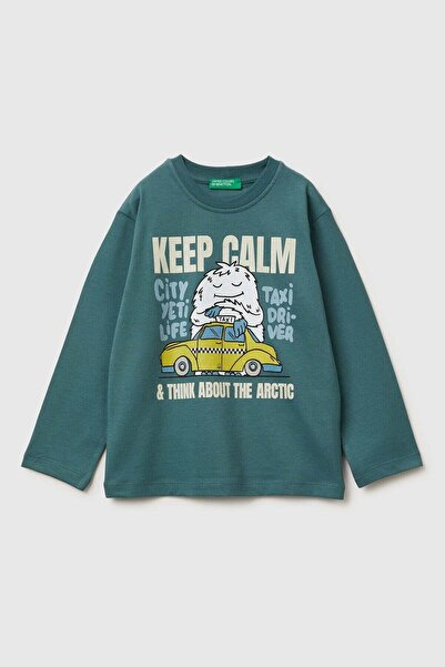 United Colors of Benetton Tricou verde pentru bărbați, cu mânecă lungă, cu im...