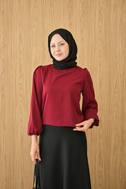 LOCCO Women's Stand Collar and Balloon Sleeve Blouse Burgundy