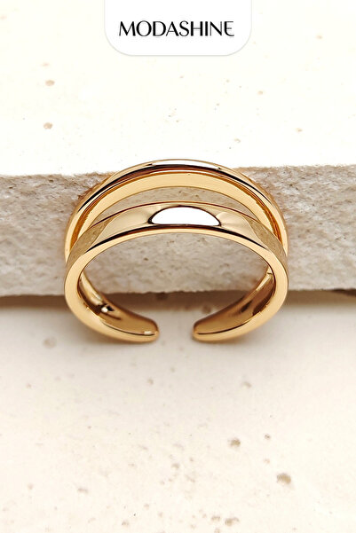 ModaShineShop Kadın Çift Halkalı Yüzük Ayarlı Rose Gold Minimal Modern Şık Yüzük