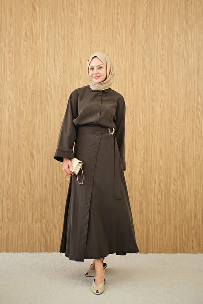 LOCCO Women's Gold Belt Detail Shirt Suit Dark Brown