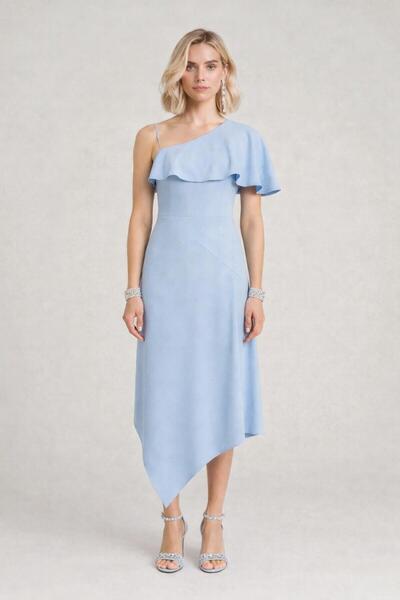 ALYEL NAKER Blue Stylish Dress with One Sleeve & Asymmetrical Skirt Detail