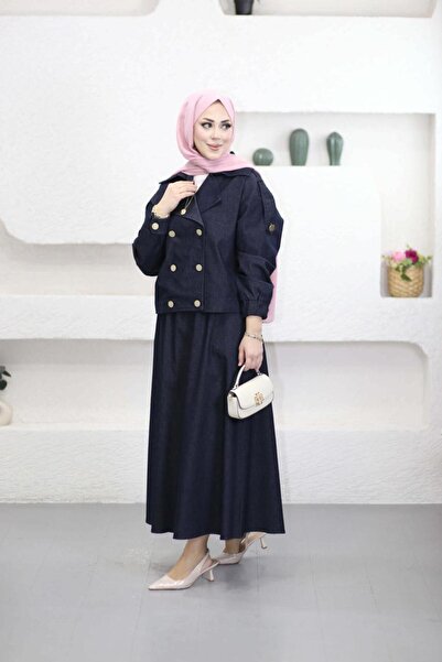 Suede Style 6417 - Άνετο γυναικείο σετ με καμπαρντίνα και τζιν φούστα με κουμ...