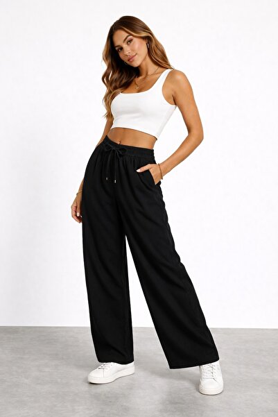 FİFTY ONE Fiftyone Women's Elastic Waist Lace-Up Wide Leg Comfortable Pants B...