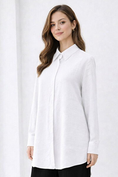 benguen Tunica lunga cu guler tip cămașă, stil Hijab B5945 Albă