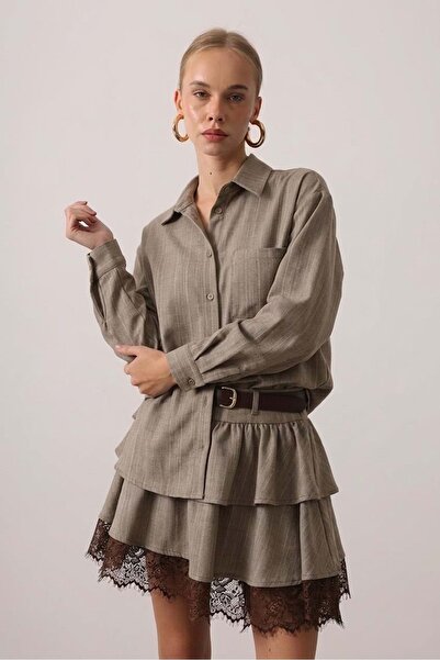 ibeeka Mink flounced and belted lace detailed women's mini skirt