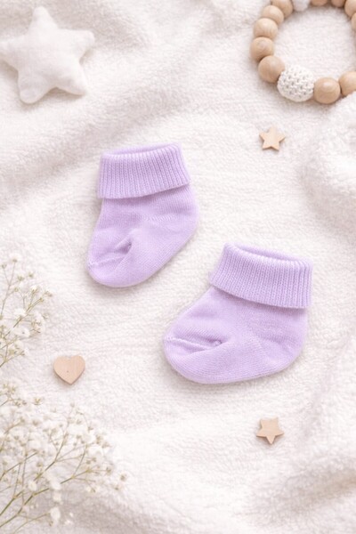 Amélio Kids Lila Organik Pamuk Katlamalı Unisex Yenidoğan Soket Çorap