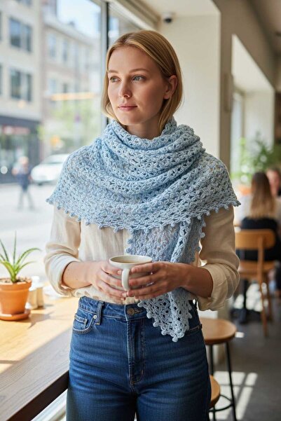 Tokuşka Hand Knitted Triangle Spider Web Patterned Tassel Shoulder Shawl