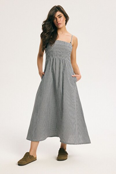 ESOTIQ BLOOVII Women's Dress Midi Maxi with Thin Straps Smock Design Plaid Ch...