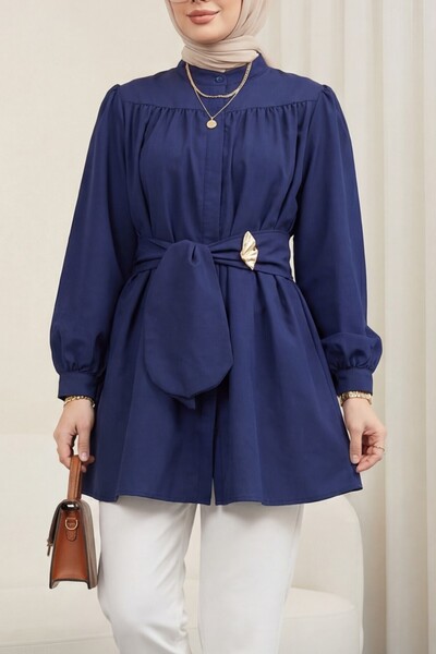 Modamorfo Hidden buttoned belted poplin tunic - navy