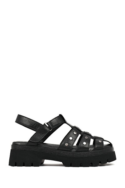 Derimod Women's Black Strappy Thick-Soled Leather Sandals 26Sfd207418