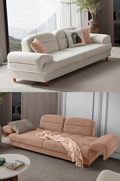 Eymense Lizbon Yataklı Sandıklı Koltuk Takımı 3+3 Beyaz Pembe