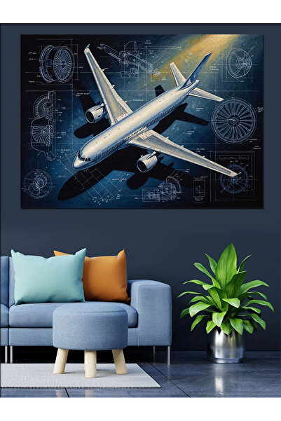 Artmeg Pânză decorativă cu avion și fundal cu desen tehnic - Masă din lemn MDF