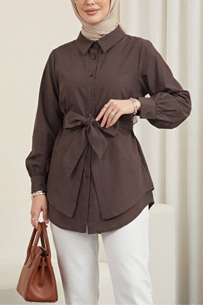 Modamorfo Self-Tied Belted Poplin Tunic -Brown