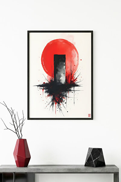 huhuli Αφηρημένη μινιμαλιστική ζωγραφική με φυσικό ξύλινο πλαίσιο - Κόκκινο-Μ...