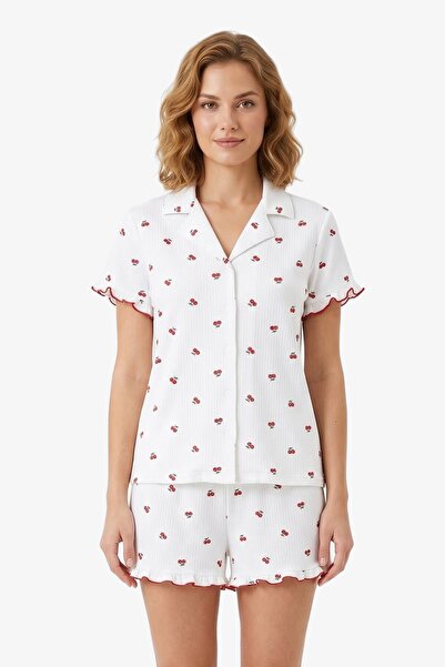 Cottonhill White Cherry Patterned Wrinkled Shirt Collar Women's Shorts Pajama...