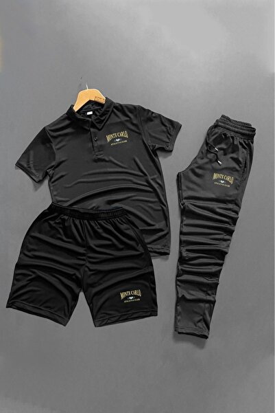 NOFLEN Polo Collar Monte Carlo Printed 3-Piece Shorts Tracksuit Set