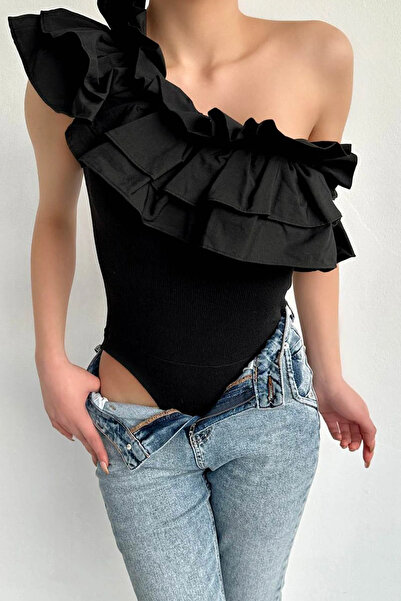 ANATOLIATEKSTILE Body Damă Elegant Asimetric cu Volane – Body One Shoulder Sl...