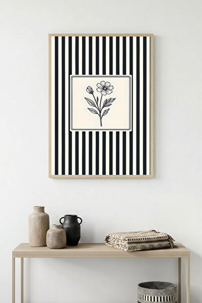 huhuli Πίνακας με φυσικό ξύλινο πλαίσιο και μοτίβο λουλουδιών - Ασπρόμαυρο | ...