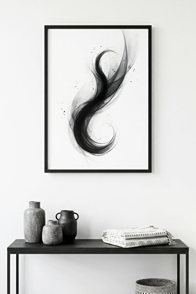 huhuli Αφηρημένος πίνακας με μαύρο σχέδιο με φυσικό ξύλινο πλαίσιο - Μίνιμαλ ...