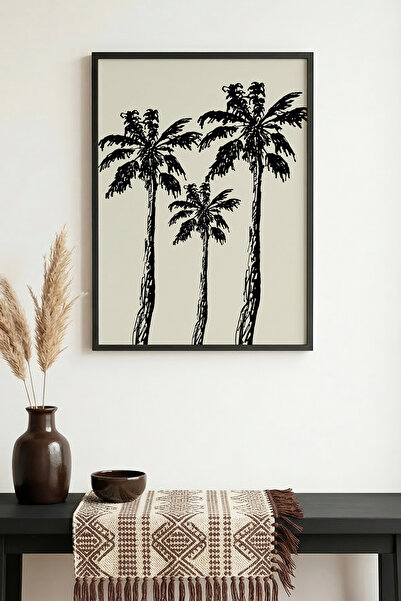 huhuli Tablou cu model de palmieri, cu ramă din lemn natural - alb-negru |   ...