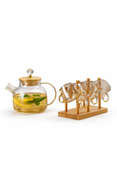 wei inox Set ceainic+6 cani, suport inclus, termorezistent, sticla+bambus, tr...