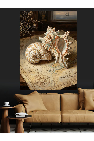 Artmeg Pânză decorativă cu scoici de mare pe hârtie antică - Tablou din lemn MDF