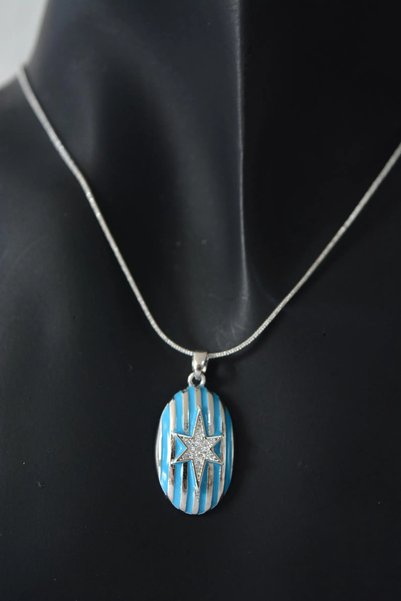 GAMBU Silver Colored Blue Striped Ground Stone Star Detailed Oval Necklace