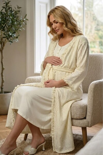 Lohussa New Season Ecru Summer Jacquard Button Detailed Short Sleeve Design M...