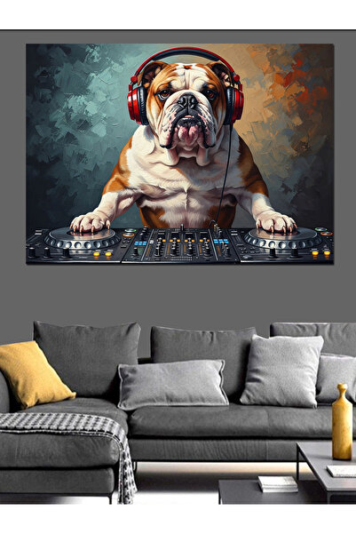Artmeg Bulldog Dog Listening to Music with Headphones Decorative Canvas - Mdf...