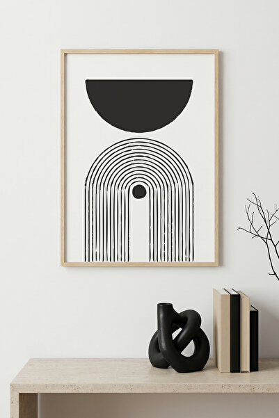 huhuli Tablou cu model geometric minimalist, cu ramă din lemn natural - Alb-N...