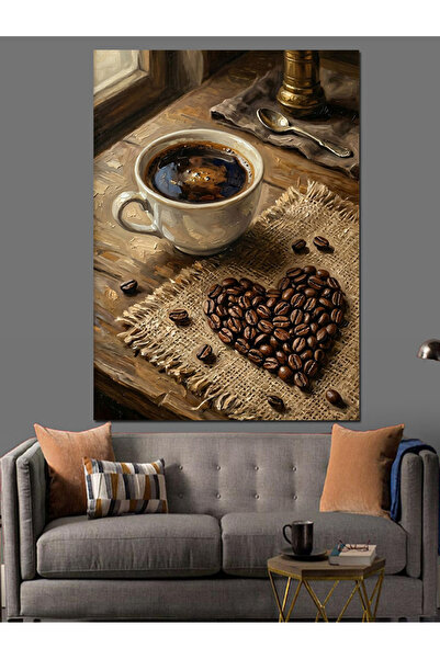Artmeg Pânză decorativă cu inimă și ceașcă cu boabe de cafea - Masă din lemn MDF