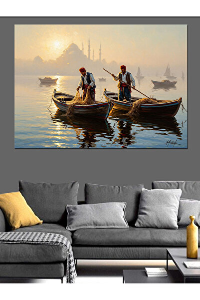 Artmeg Istanbul Fishermen Paddling on a Kayak Decorative Canvas - Mdf Wood Table