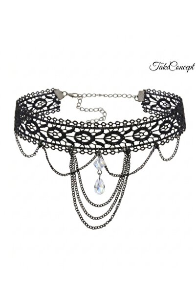 TakıConcept Kristalli Siyah Dantelli Choker Kolye, Kadın Kolye Choker