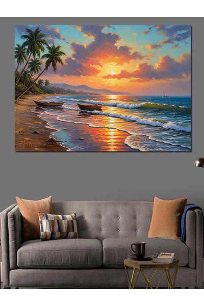 Artmeg Gün Batımında Palmiyeli Sahil Manzarası Dekoratif Kanvas - Mdf Ahşap T...