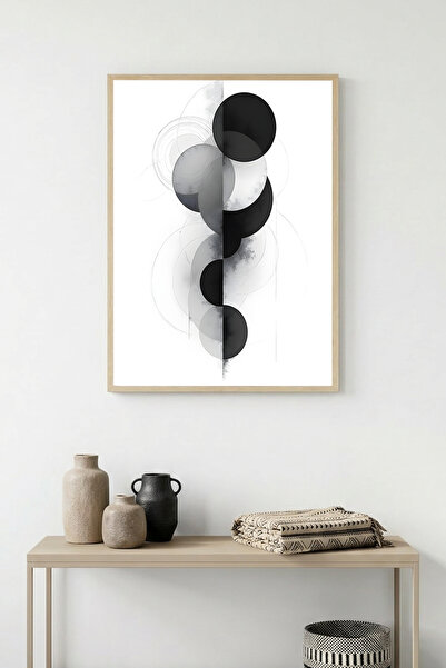 huhuli لوحة فنية ذات نمط هندسي تجريدي بإطار خشبي طبيعي - أسود-أبيض |   هوهو1219
