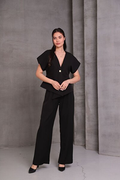 Parille طقم سترة فاليرا سوداء وبنطلون بالازو