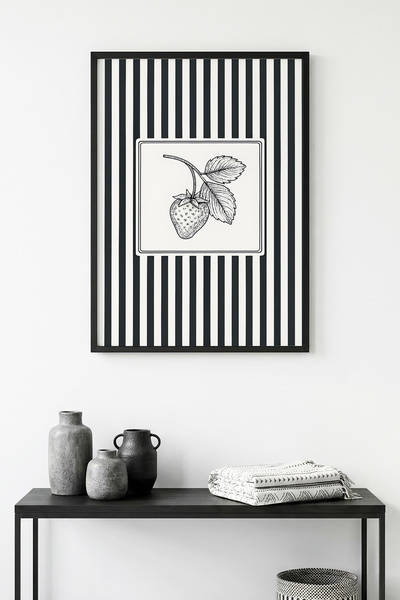 huhuli Πίνακας με ριγέ σχέδιο φράουλας με φυσικό ξύλινο πλαίσιο - Μαύρο-Λευκό...