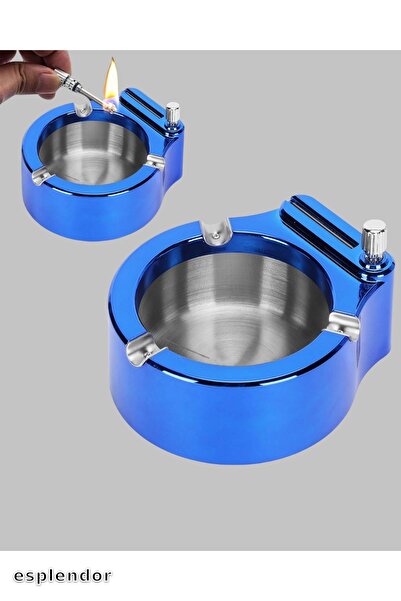 esplendor Round Metal Ashtray with Integrated Lighter and Durable Construction