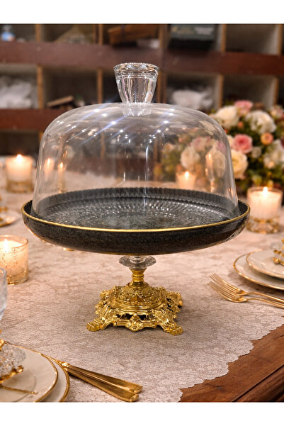 silvia home decor Gold Porselen Cam Kapaklı Sunumluk Kurabiye Pasta Kek Turta...